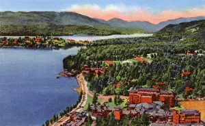 Jul18 Prints: Lake Placid, N. Y. USA - Mirror Lake and Club Buildings