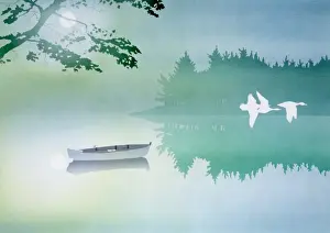 Lake scene with boat and three birds