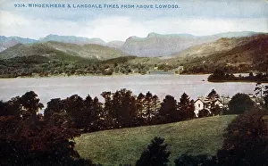 Lake Windermere and Langdale Pikes from above Lowood. Date: circa 1910s