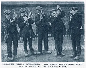 Lancashire miners extinguishing their lamps after ceasing work Lancashire miners extinguishing their lamps after ceasing work