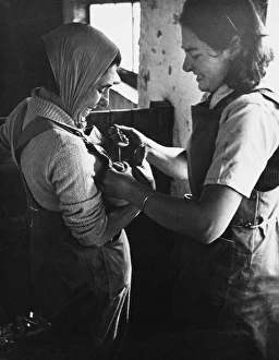 <b class=qtipBold><figcaption>Land Girls WWII</figcaption></b><br>Land Girls feeding a pig cod liver oil on a farm during World War II<br><em>© Mary Evans/Robert Hunt Collectio</em> Land Girls WWII