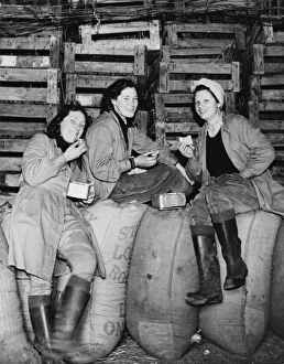 <b class=qtipBold><figcaption>Land Girls WWII</figcaption></b><br>Land Girls eating lunch in a barn during World War II<br><em>© Mary Evans/Robert Hunt Collectio</em> Land Girls WWII