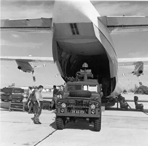 1975 Collection: A Land Rover is unloaded from a RAF Short SC-5 Belfast CMk1