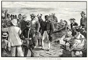 Zulus Gallery: Landing of Dinizulu, the exiled Zulu prince, at St. Helena. Date: 1890