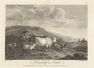 1774 Prints: Landscape of a herder with crook, with cows, goats and sheep
