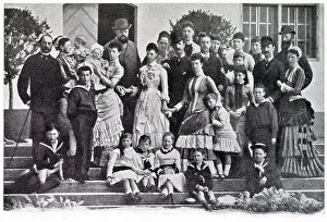 Large group photograph of members of the Danish family. Alexandra, Prince of Wales later Queen consort, Alexandra of Denmark (centre) with her family, including her father Christian IX of Denmark (left) at Frederiksborg, Denmark. Date: 1888