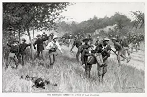 Hotchkiss Prints: LAS GUASIMAS The American Hotchkiss battery in action in June 1898. Date: 1898