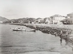 Bund Prints: Late 19th century photograph: Boat along Kobe Bund, Japan