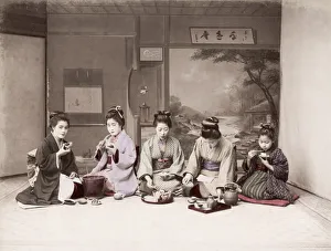 Geisha Prints: Late 19th century - young Japanese women eating