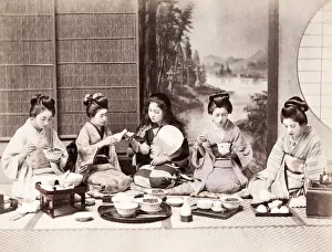 Geisha Prints: Late 19th century - young Japanese women, a meal