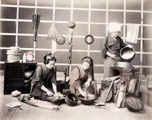 Late 19th century - young Japanese women preparing meal