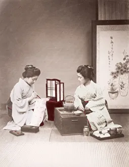 Teahouse Prints: Late 19th century - young Japanese writing, tea stove