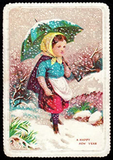 Umbrellas Collection: Late Victorian 1890s Greetings Card Girl Girls