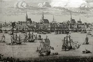 Urbanism Collection: Latvia. Riga. Port. 17th century. Engraving