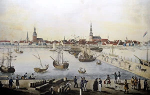 Images Dated 18th March 2012: Latvia. Riga. Port. 18th Century. Colored engraving