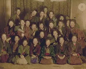 Laughing young men and women in kimonos
