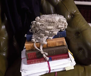 Images Dated 27th February 2018: Lawyers books, brief and wig in a leather chair