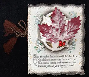 Leaves and red berries with verse on a Christmas card