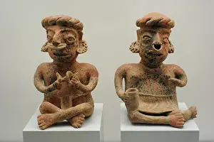 Pre Columbian Prints: Left to right: seated male figure and seated female figure