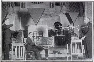 Leon Theremin (1896 - 1993) giving a demonstration of his electronic musical instrument in concert at the Albert Hall (pictured) where he played Schubert's Ave Maria and other airs. He is shown here in duet with Mr Goldberg