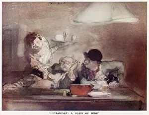 L'estaminet: A Glass of Wine. Two men drinking at a wine bar with a waitress serving them. Date: 1933