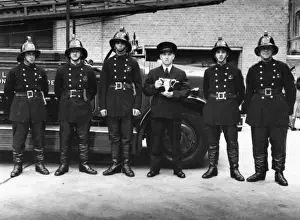 Waterproofs Prints: LFB firefighting crew with open pump vehicle