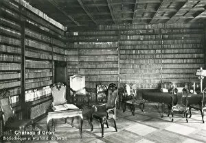 Library with wooden ceiling at Oron Castle, Switzerland