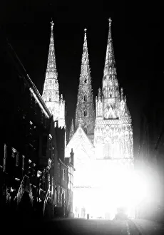 Lichfield Prints: Lichfield Cathedral floodlit in 1951