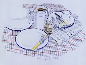 Table Cloth Prints: Still life with crockery, cutlery, beer glass and newspaper