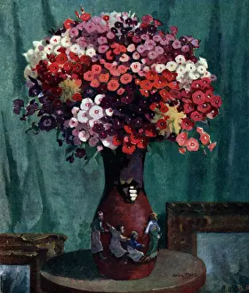 Mace Prints: Still life oil painting featuring a vase of multicoloured poppies or nasturiums