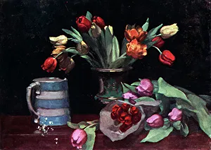 Colin Prints: Still life oil painting of a vase of roses in red