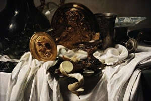 Still Gallery: Still life with pewter and tall thin glass in a wall niche
