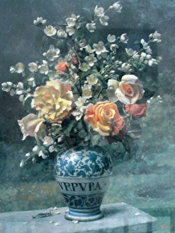 Still life of pink roses by Fortunino Matania