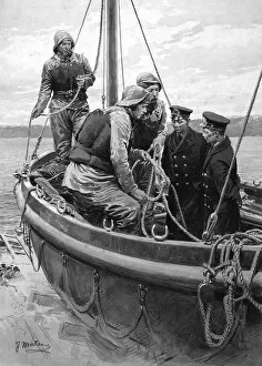 Matania Gallery: Lifeboat crew and two cadets in a boat
