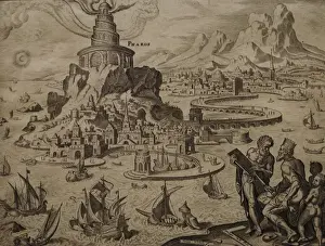 Lighthouse Prints: Lighthouse of Alexandria. Engraving by Philip Galle (1537-16