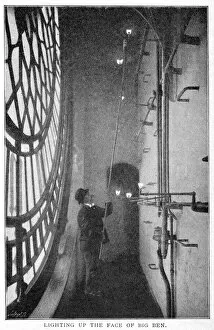 Images Dated 23rd February 2021: Lighting up the face of the Clock Tower, London 1900