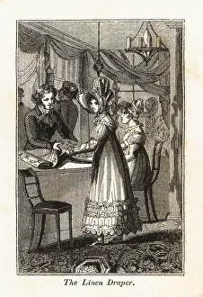 Workplace Prints: Linen draper with customers in a Regency shop