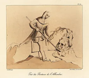 13th Century Prints: Lion hunt from the Alhambra Palace, Granada, Spain, 13th century