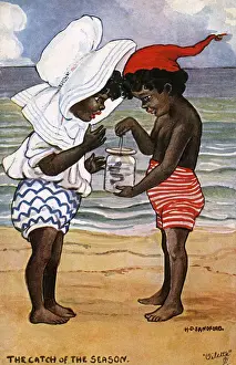 Swimsuits Prints: Two little black children on the beach - fish in a jam jar