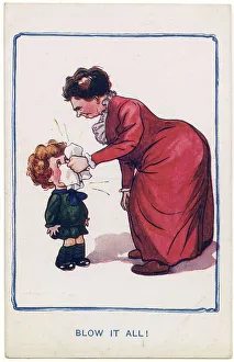 Tissue Prints: A little boy is made to blow his nose by a determined adult. Date: 1912