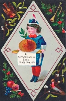 Puddings Gallery: Little boy carrying pudding on a Christmas card