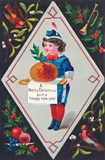 Puddings Prints: Little boy carrying pudding on a Christmas card