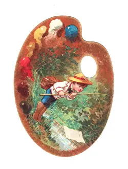 Little boy fishing on a palette-shaped greetings card