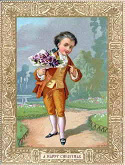 Buckle Prints: Little boy in a garden with flowers on a Christmas card