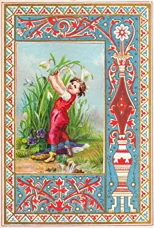 Snowdrop Prints: Little boy in a garden on an ornate greetings card