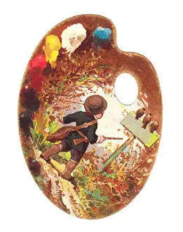 Little boy hunting on a palette-shaped greetings card