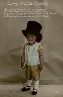 Little boy in large top hat on a birthday postcard