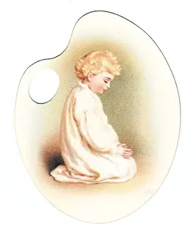 Nightdress Prints: Little boy praying on a palette-shaped greetings card