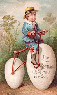 Eggs Prints: Little boy riding pennyfarthing bicycle on a birthday card
