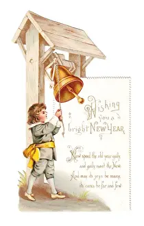 Little boy ringing a bell on a cutout New Year card